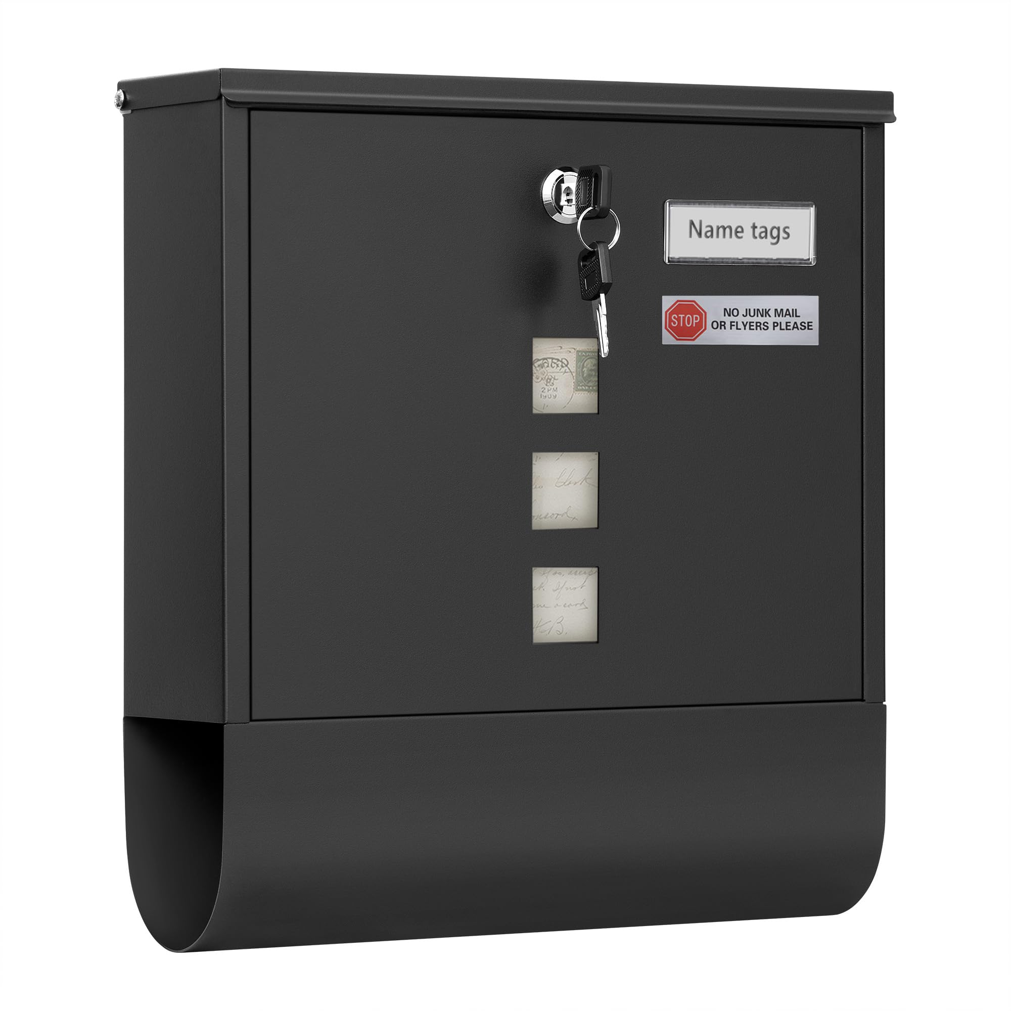 WOLTU Buzon de Correo, Buzon Exterior con Cerradura de Aleación, Buzon con 3 Ventanillas y Placa de Nombre, con Zona Dividida para Periodicos, Negro, 33,5 x 30 x 9,5 cm