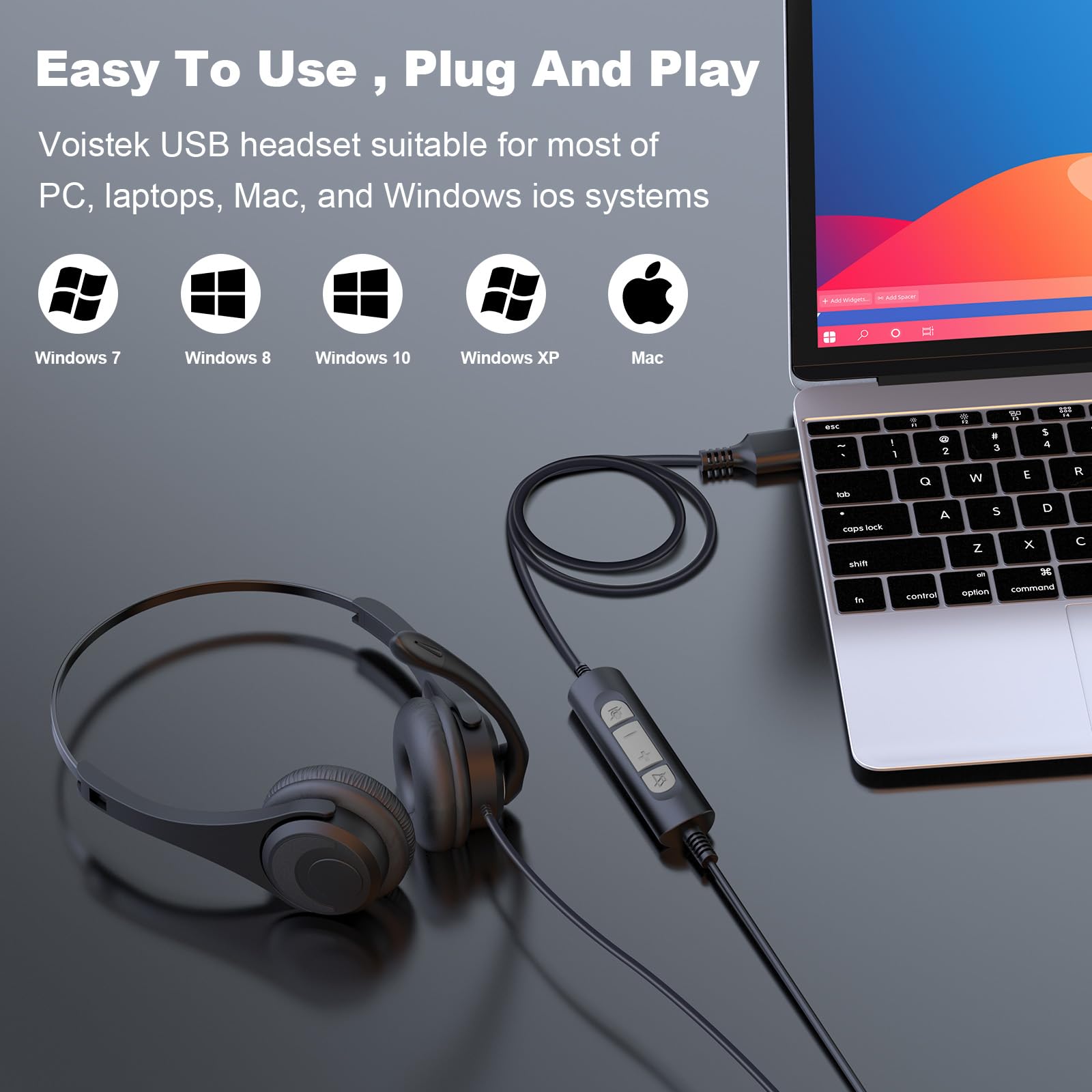 Voistek Casque USB avec Microphone pour PC/Ordinateur Portable, Léger on Ear, Microphone Réglable à Réduction de Bruit, Casque Audio Filaire pour Bureau, Télétravail, Chat, Zoom, Teams