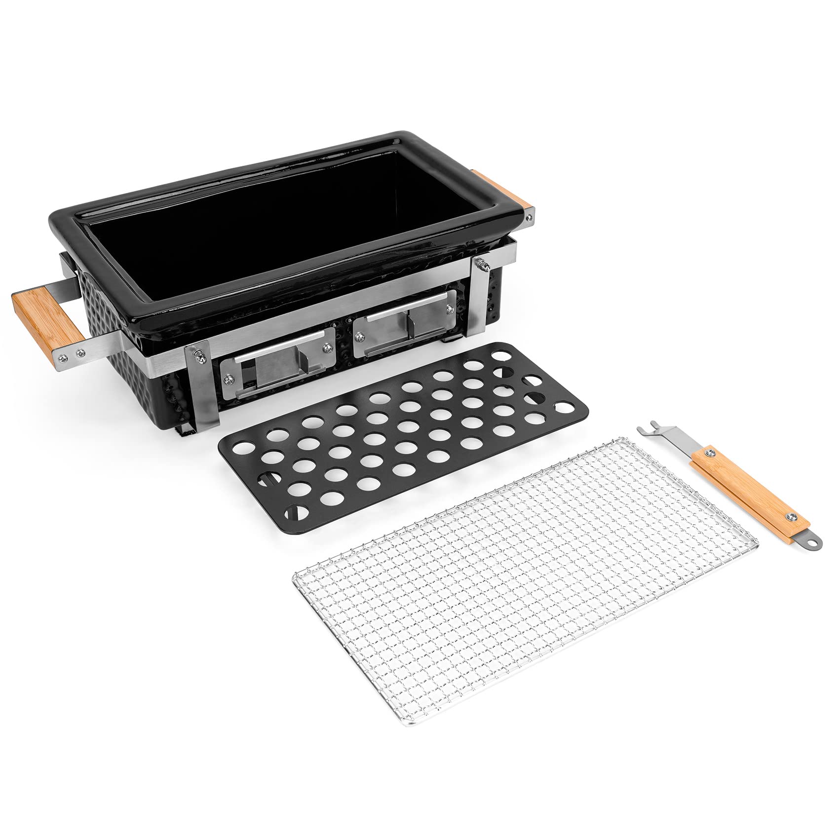 Onlyfire Barbecues à Charbon, Grille de Charbon en Céramique, Rectangulaire, Barbecue Charbon de Bois Portable, Hibachi Gril D'intérieur, Barbecue Camping