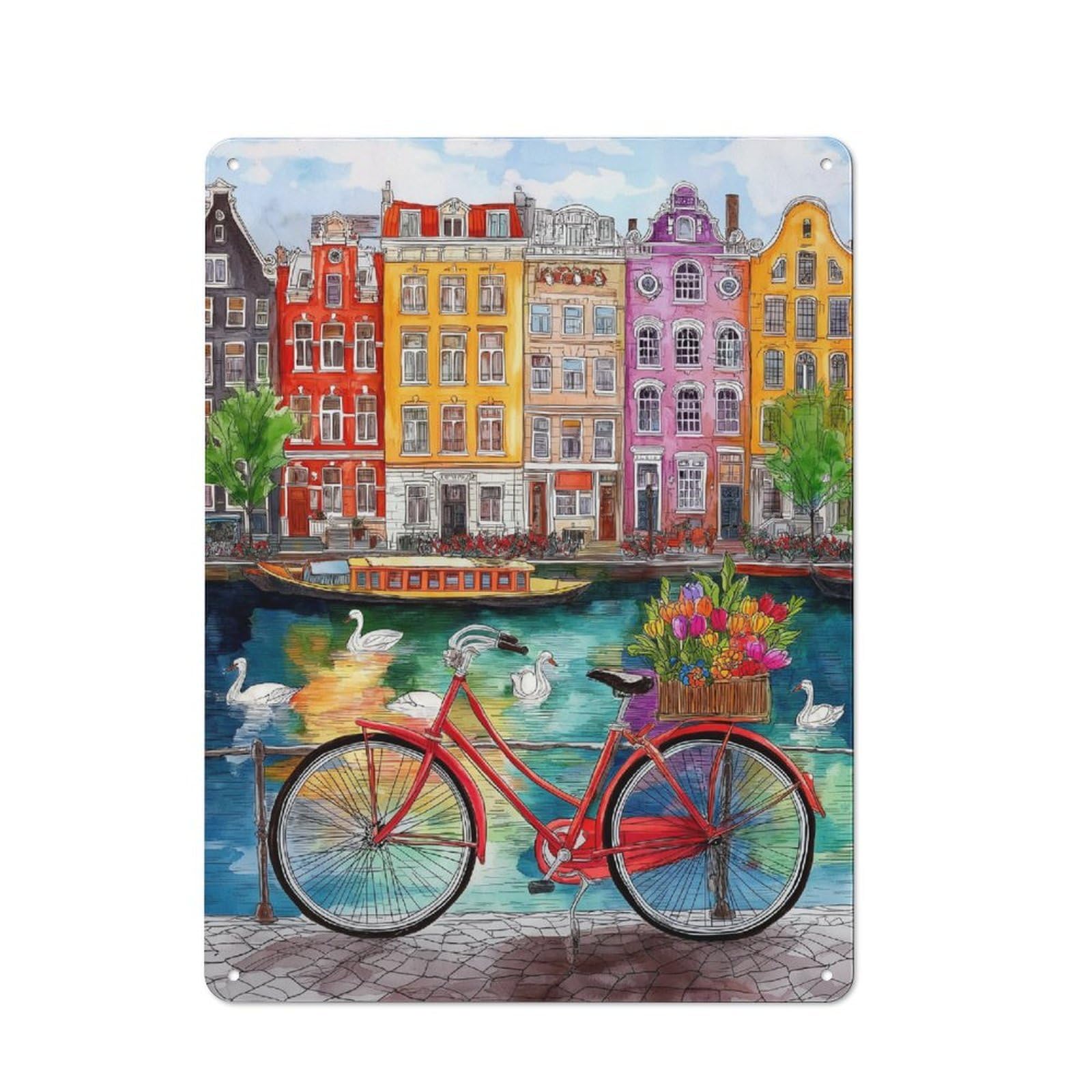 Junmoney Canal Bike & Blooms Rustic Tin Wall Plaque 40X30cm For Guest Room Or Hallway, For Garage, Workshop And Man Cave Decoration