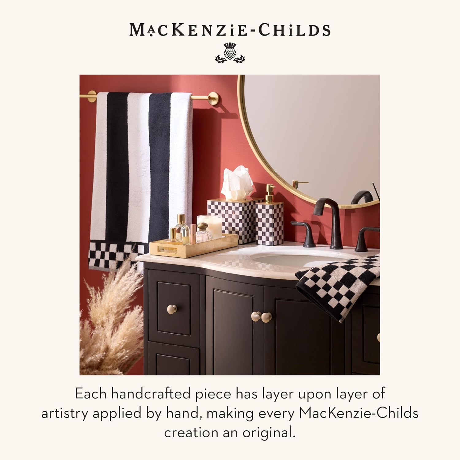 MACKENZIE-CHILDS Cotton Bath Towel, Cute Decorative Bathroom Towel, Black-and-White Courtly Striped