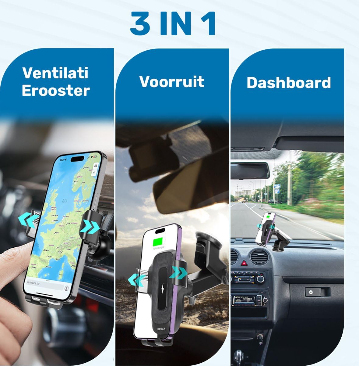 Ishiva Caricabatterie wireless per telefono da 15 W con adattatore di ricarica, ricarica rapida, supporto per telefono girevole a 360° per cruscotto, griglia di ventilazione, parabrezza