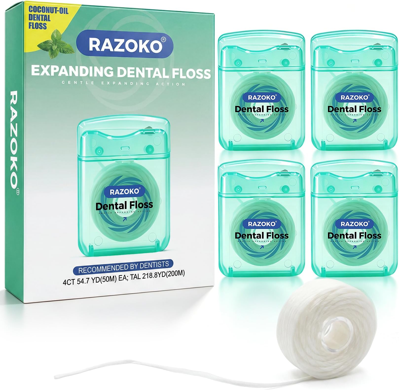 Coconut Oil Dental Floss Expanding Dental Floss (55 Yards, 4 Count) - Mint Flavor