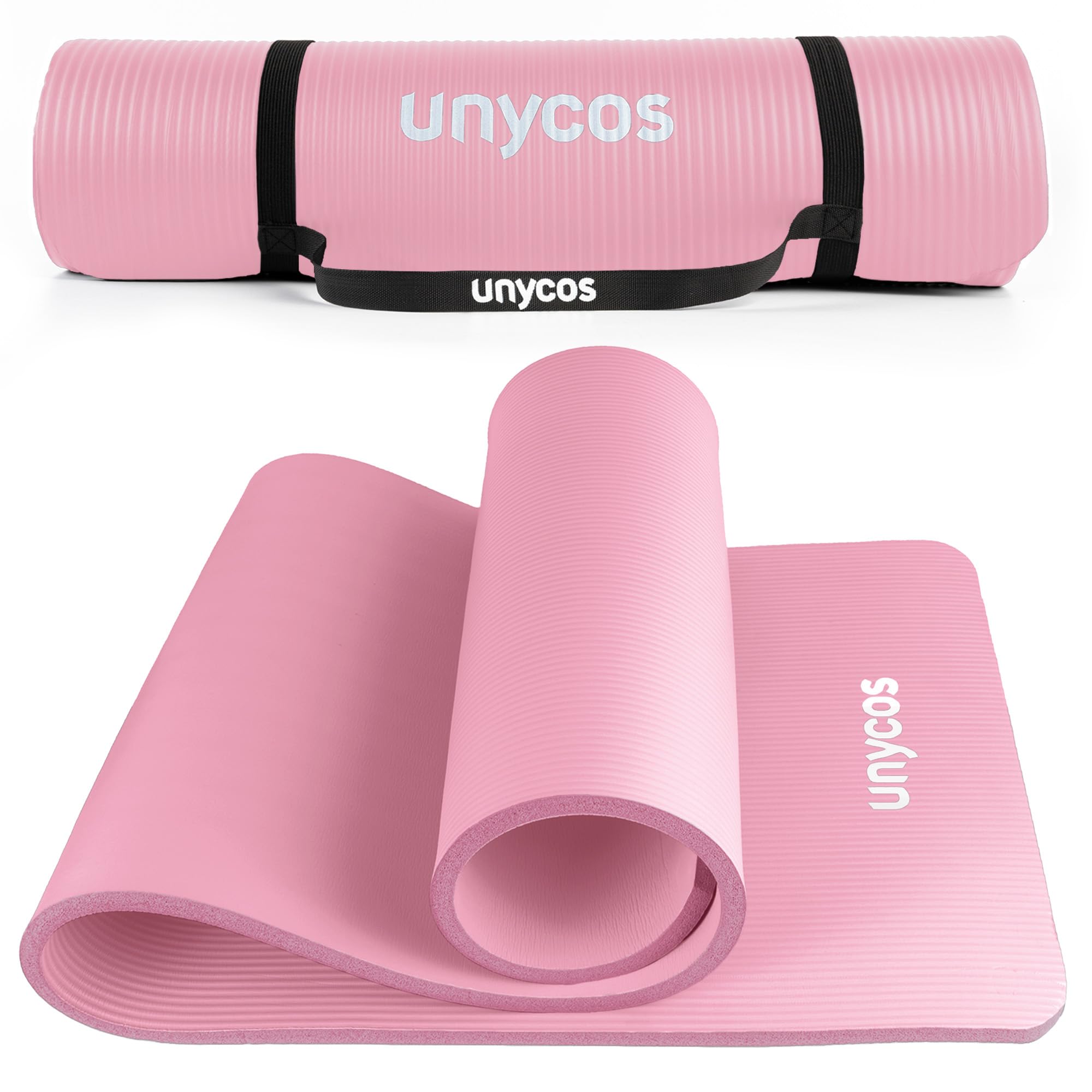 unycos - Gymnastikmatte - Yogamatte Rutschfest【183x60 cm】NBR 10 mm Dicke | Inkl. Tragegurt und E-Book mit Übunge, Sportmatte Ungiftig für Fitness, Pilates & Gym, Home Sport (Hellrosa)