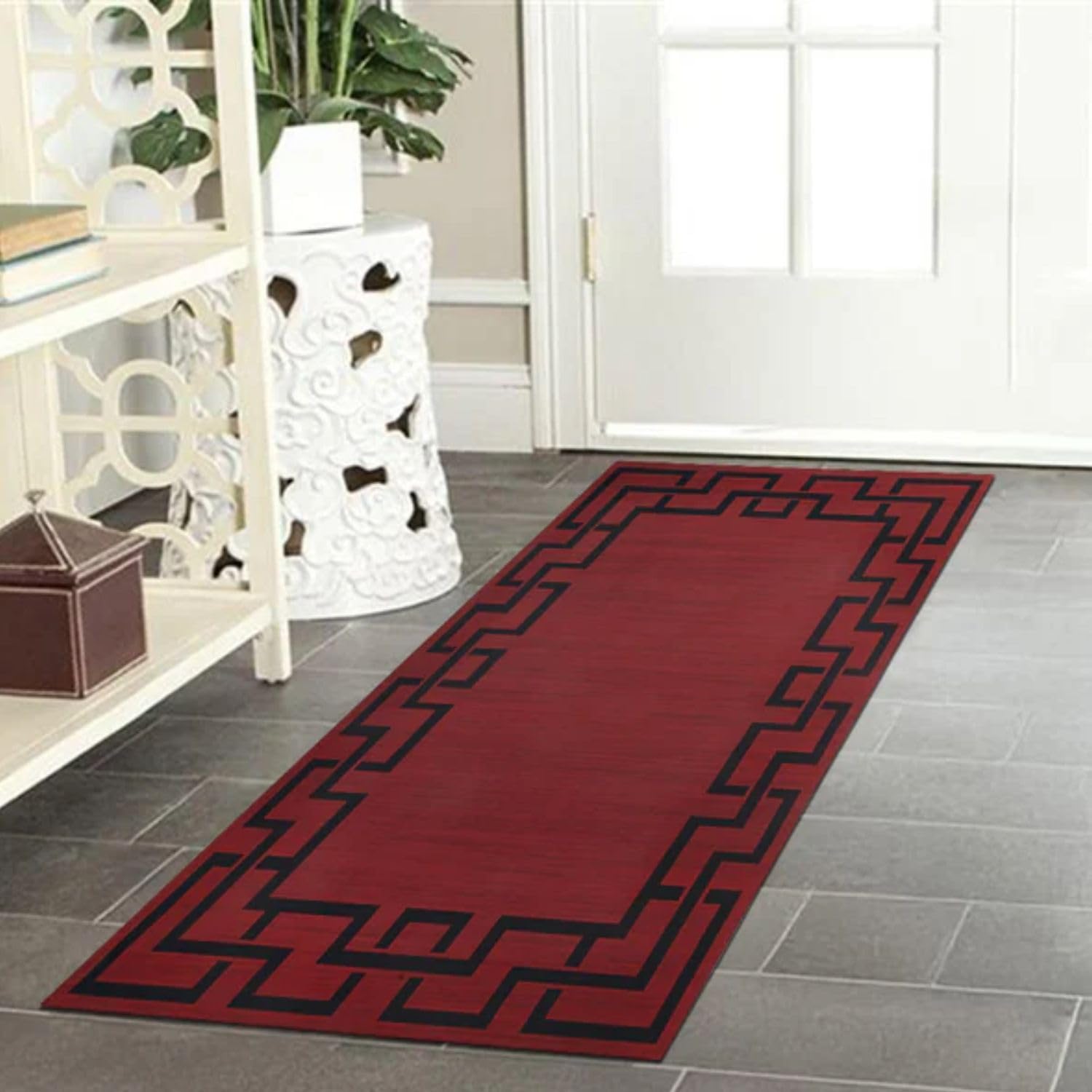 BedLooms Runner Rugs for Hallway Non-Slip Entryway Bedside Rugs 60x110 cm Greek Key Pattern Printed Design Black and Red bedroom Living Room Rug (Lexi)