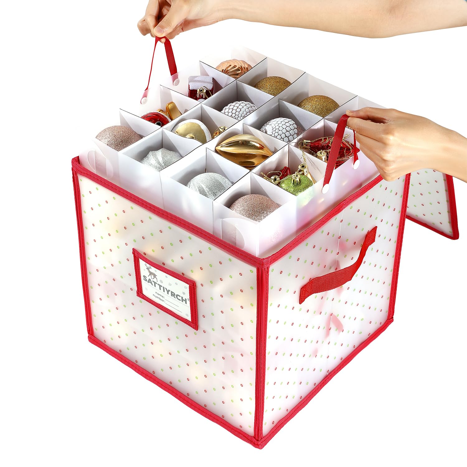 Sattiyrch Plastic Christmas Ornament Storage Box 4 Tray Customizable Divider Zippered Closure Dust-Proof Collapsible Dual Handles Holds Up
