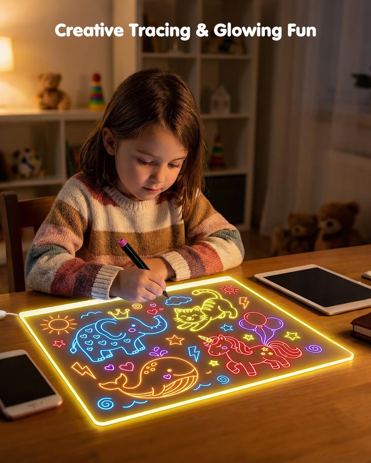 Tableau d'affichage LED avec couleurs, 35 x 25 cm, 4 modes et 7 couleurs, tableau d'écriture lumineux en acrylique transparent, pour enfants, avec support, 7 marqueurs