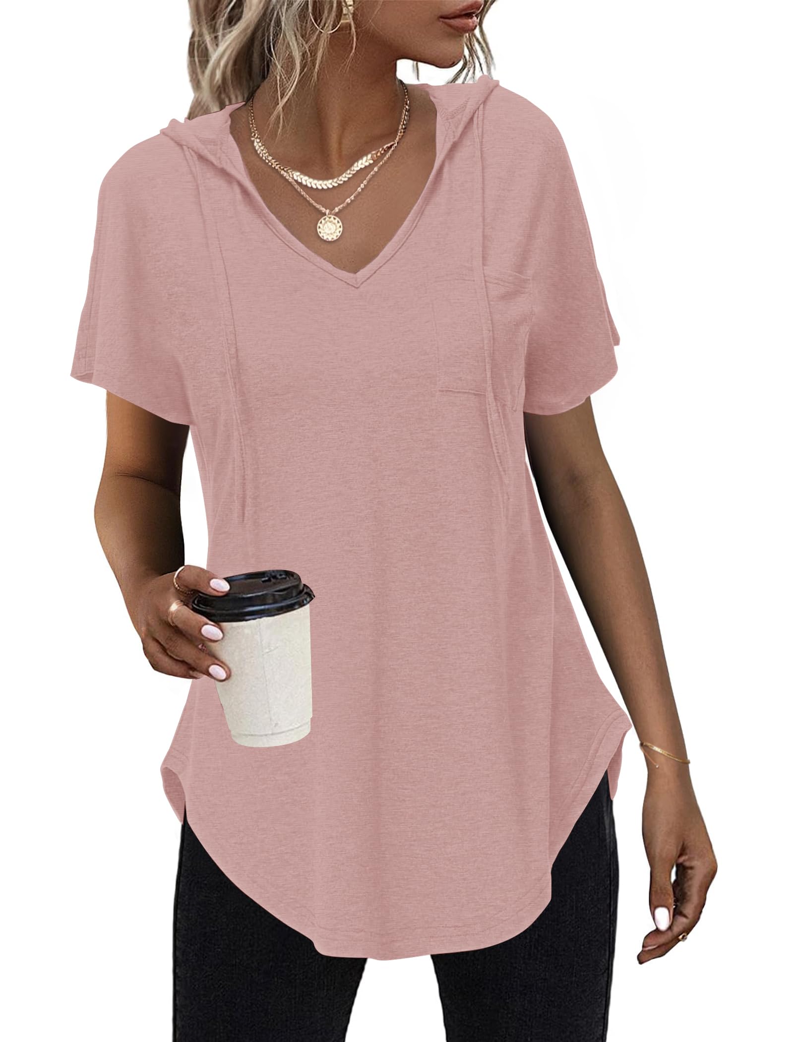 WNEEDU Women Hoodies Ladies Tunic Tops with Hood Drawstring V Neck Summer T-Shirts Short Sleeve
