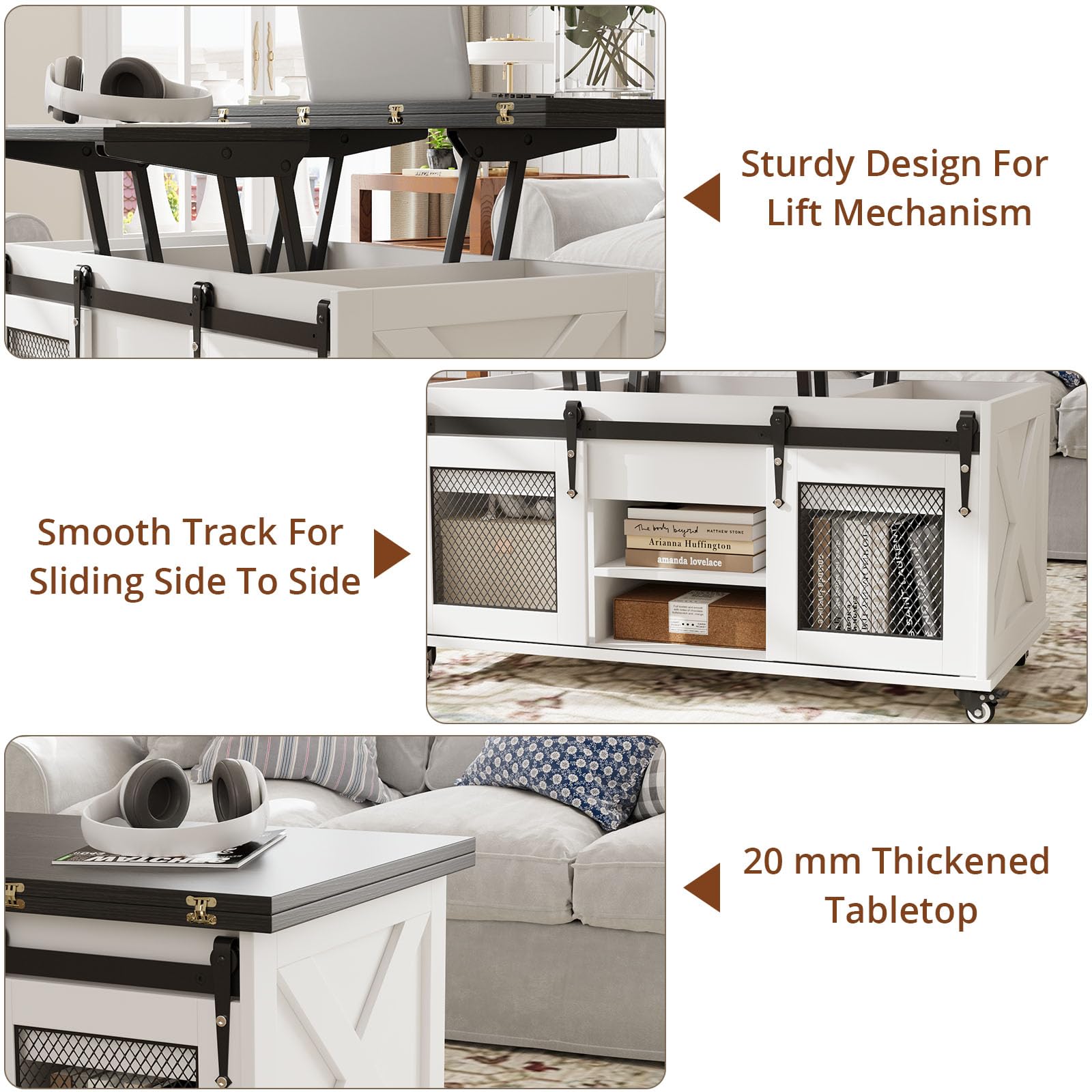VOWNER Mesa de Centro Elevable, Mesa Extensible, Multifuncional 4 en 1 con Ruedas & Almacenamiento Oculto - Comedor, Convertible, Estilo Granja, Nogal (Negro)