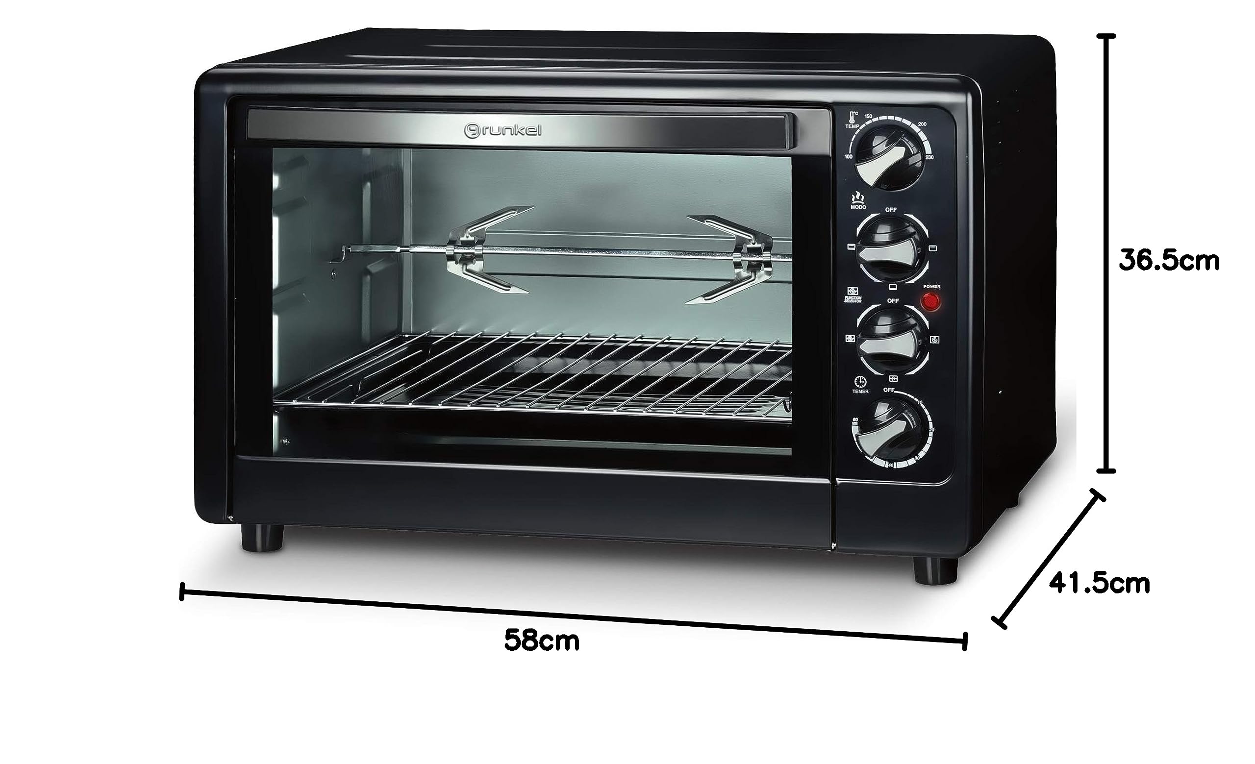 Grunkel - HR-48RMRUSTI - Horno eléctrico multifunción de sobremesa de 48l con 3 funciones de calor y selector de temperatura hasta 230ºC. Incluye rustidora y temporizador hasta 60 min - 2200W - Negro