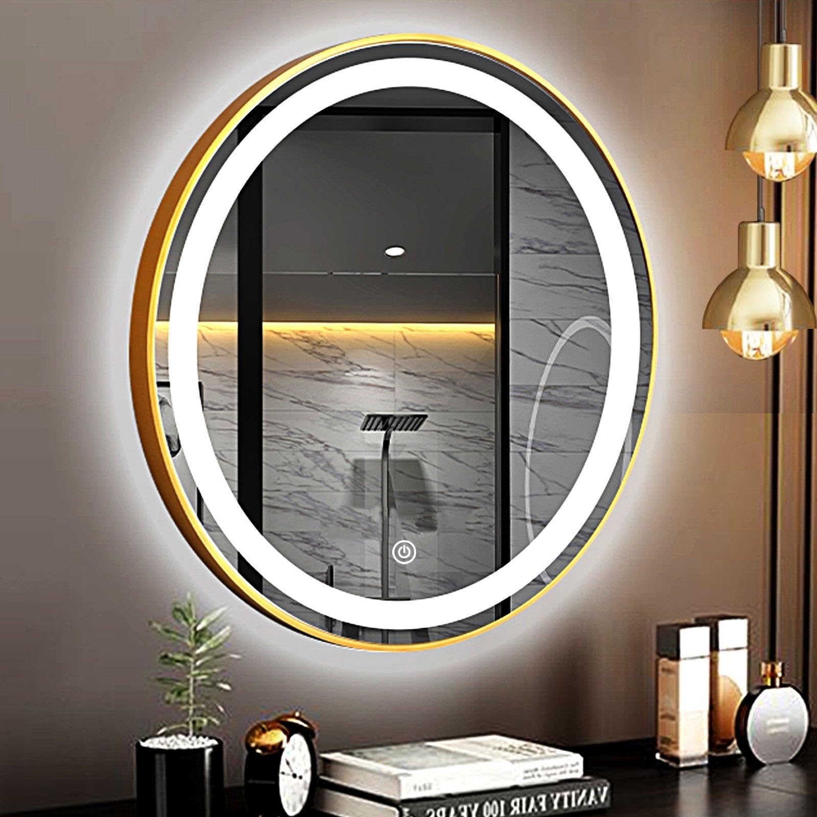 Mirror with Lights, Led Bathroom Mirror, Led Gold Frame Round Mirror, Wall Mounted Lighted Vanity Mirror, 3 Colors, Memory Function (Color : Gold, Size : 50cm)