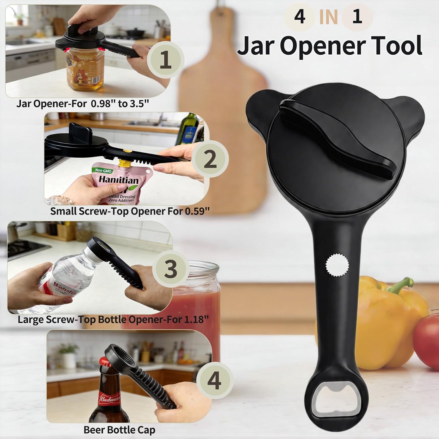 Jar Opener for Weak Hands, Seniors with Arthritis, 4-in-1 Multi-Purpose Lid Opener Includes Magnetic Hook & Rubber Gripper for Jars, Bottles and Beer Caps (Black)