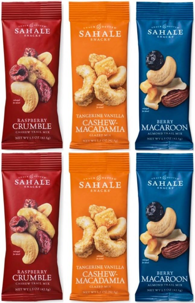 Sahale Snacks Grab And Go Nut Blends 3 Flavor Variety 6 Pack Bundle, (2) each: Raspberry Crumble Cashews, Tangerine Vanilla Mix, Berry Macaroon Almonds (1.5 Ounces)