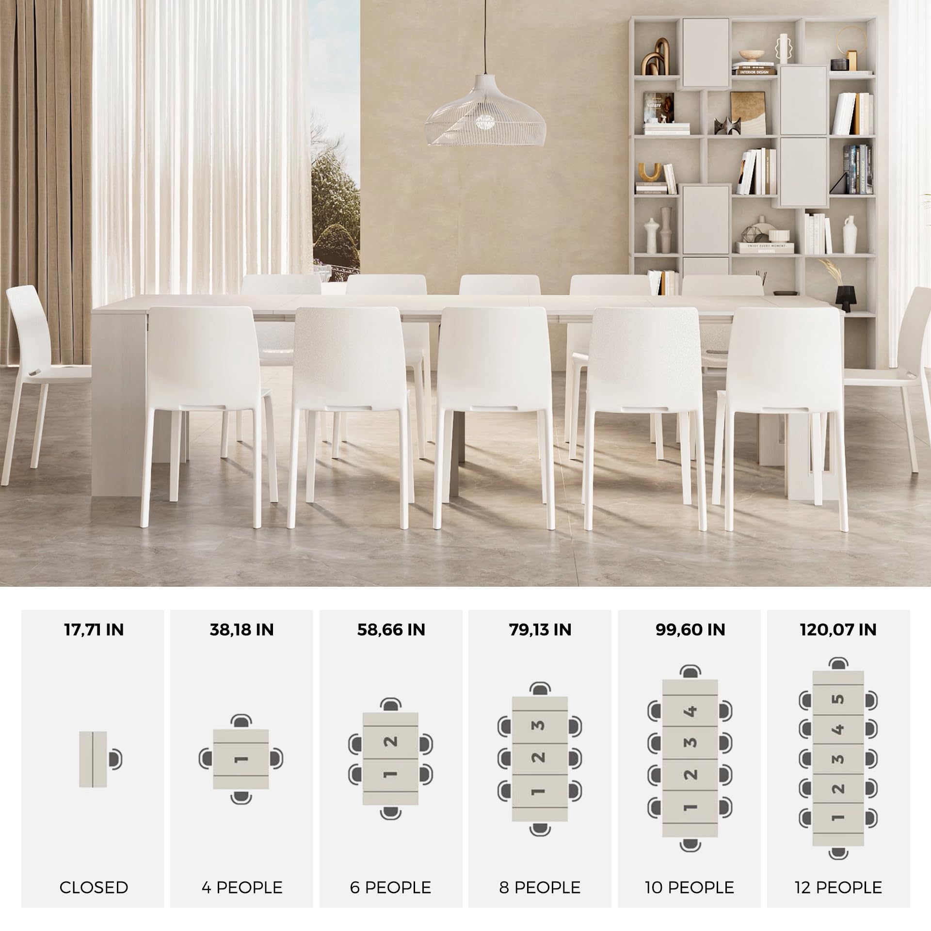 MOBILI FIVER, Mesa Consola Extensible Easy, con Porta Extensiones, 45(305) x 90 cm, Color Fresno Blanco, para 12 Personas, Mesa Consola Extensible por Entrada, Salon, Made In Italy