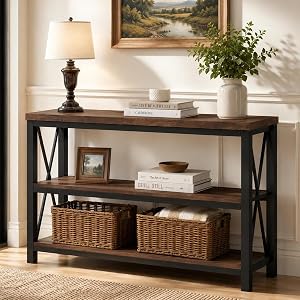 Budget Console Tables That Look Way More Expensive Than They Are 47-Inch Narrow Console Sofa Table with 3 Tiers, Rustic Style