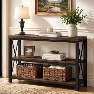 BON AUGURE 47” Narrow Console Table, 3 Tier Sofa Table Behind Couch, Rustic