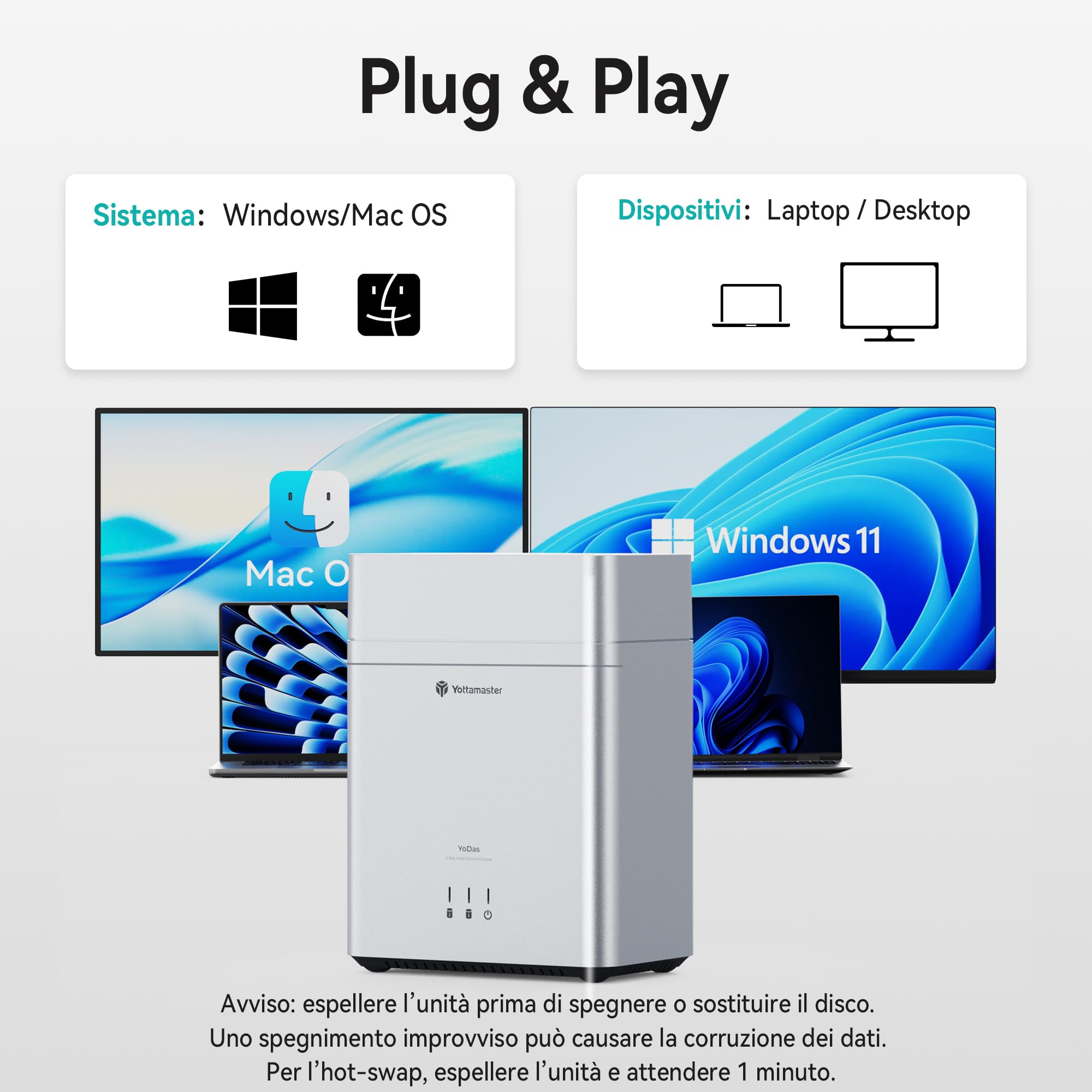 Yottamaster 2 Bay Case per Disco Rigido, 3,5 HDD USB-C 5Gbps, Coperchio Magnetico, Installazione Senza Attrezzi, Fino a 24TB × 2, Ventola da 60 mm, Funzione di Sospensione Automatica (senza RAID)