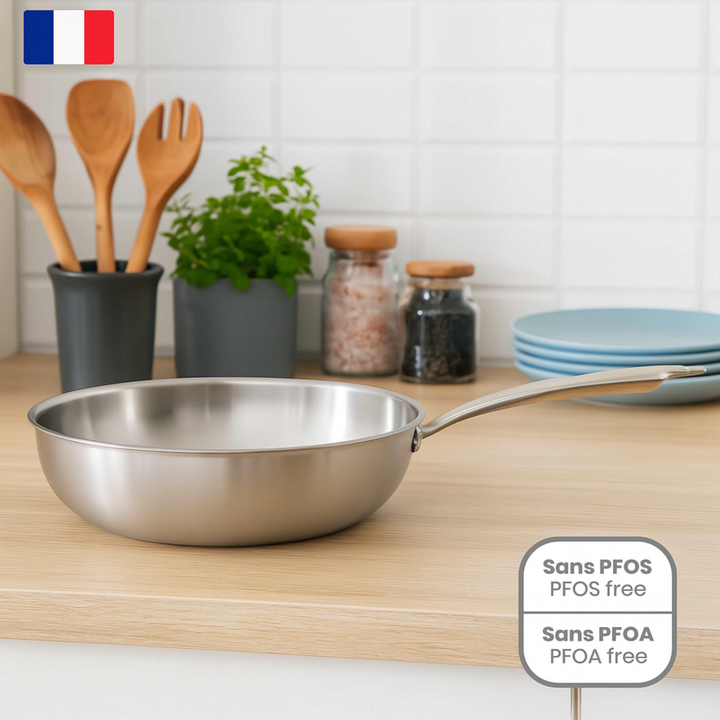 Livoo - Wok en acier inoxydable 28 cm MEP162 - Gamme Brigade - inox triply - sans PFAS, Argent