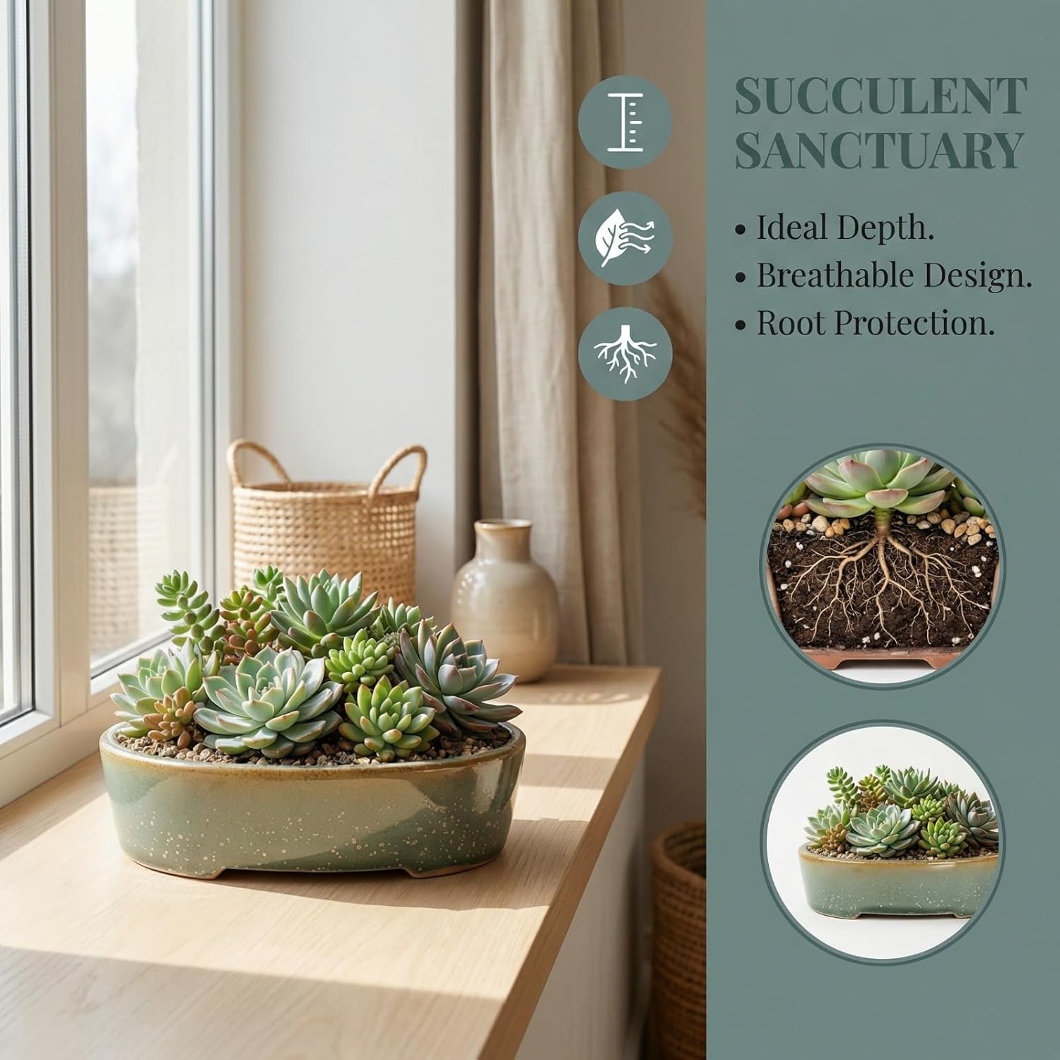 Ceramic Bonsai Pots with Drainage Tray, 3 Pack Succulent Pot Set, 6.3-Inch Kiln Glaze Shallow Bonsai Tree Pots for Beginners, Outdoor & Indoor Decor