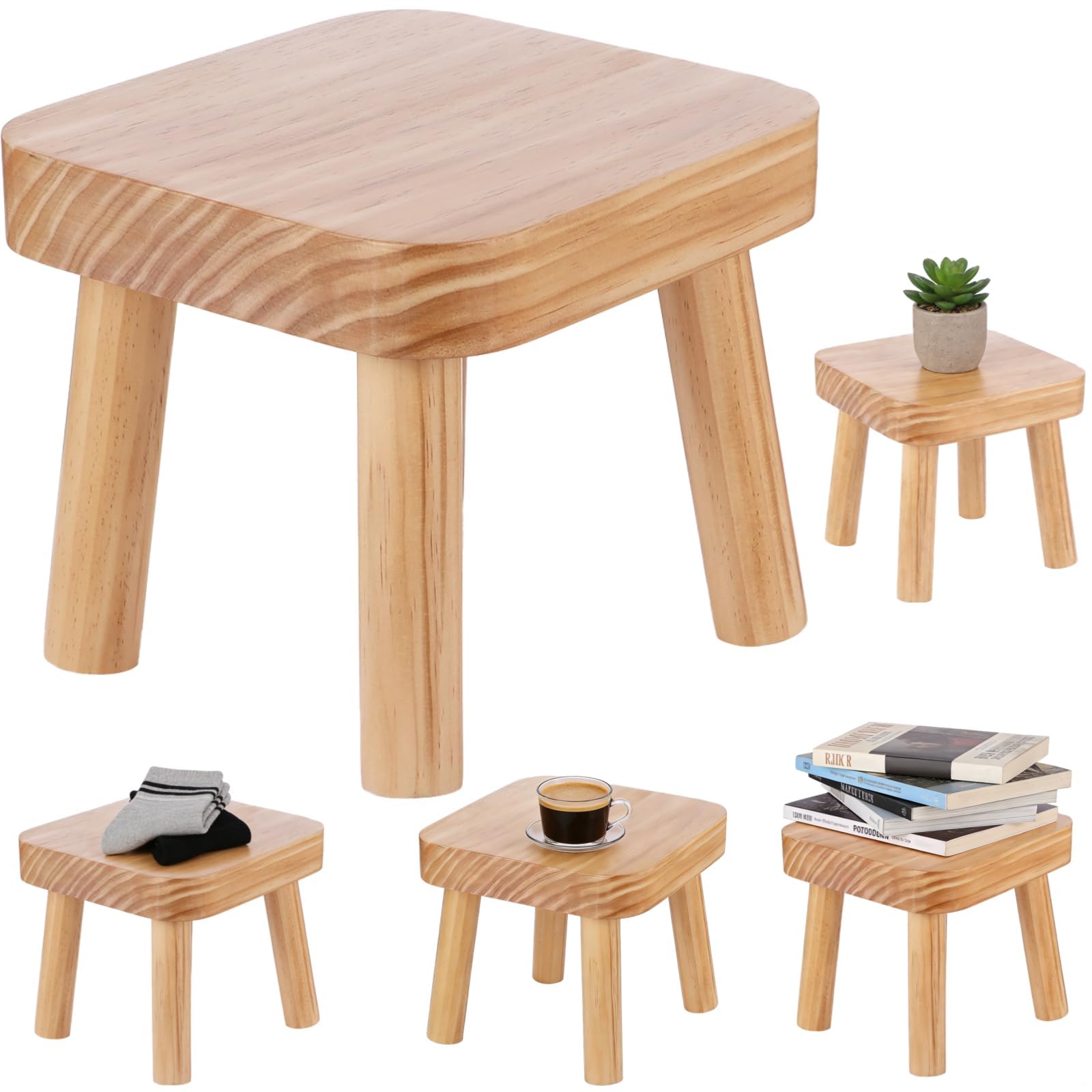 Xygobla Small Wooden Stool - Solid Wood Plant Stand Indoor, Kids Step Stool, Square Milking Stool, Portable Side Table for House Plants, Bedroom Bedside, Bathroom, Kitchen or Nursery-24x22x20cm