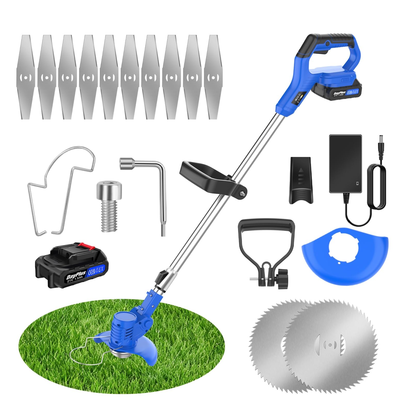 Cordless Strimmer 21V,850W Telescopic Lightweight Grass Trimmer with 1500mAh Battery, 90° Head pivots,Electric Garden Strimmer Grass Cutter for Lawn Edger Pruning Weed(|Fast Charger ）
