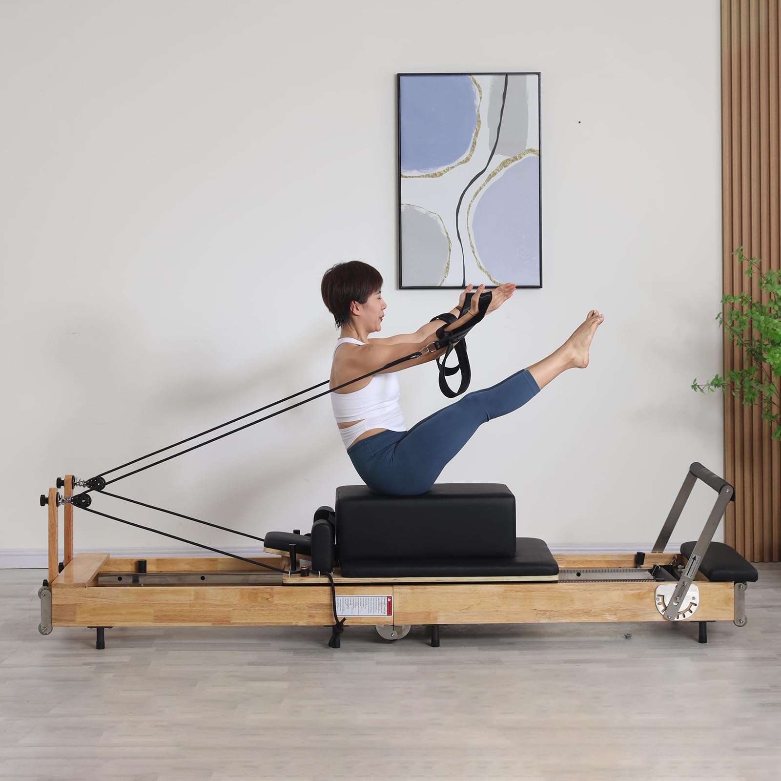 piothioh Pilates Reformer Machine，Foldable Pilates Reformer Machine Rubber Wood Strength Exercise Equipment Pilates Reformer Workout Machine for Home Gym