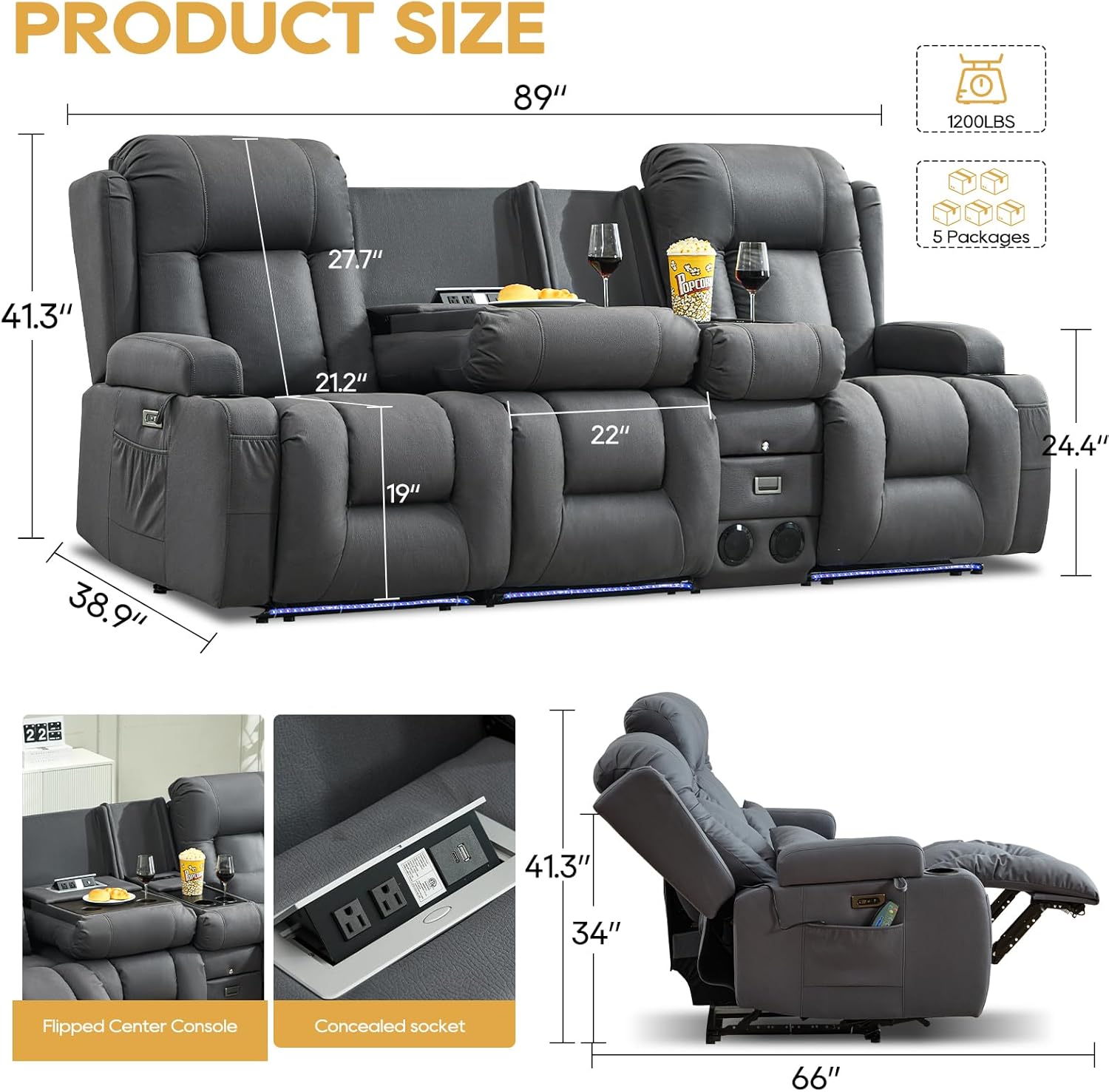 IPKIG Power Recliner Sofa with Flip-Up Backrest Console, USB & USB-C Ports, AC Outlet, LED Lights, Wall Hugger Recliners for Living Room, RV (Light Blue, 89" - 4 Seat) | Leathaire Fabric, Zero Gravity, Dual Reclining, 2 Lumabr Pillow, Bluetooth Speakers