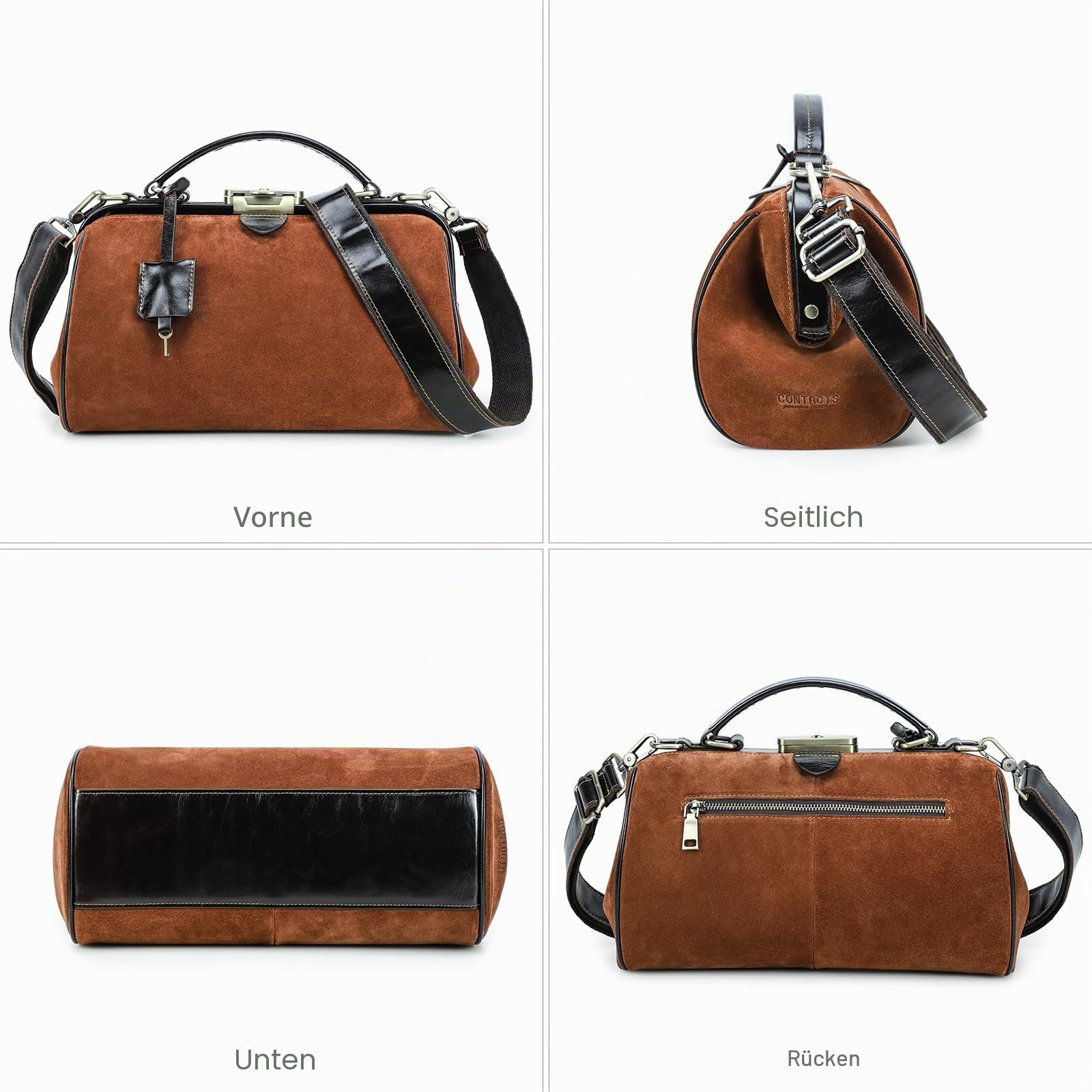 CONTACTS Damen-Handtasche aus echtem Leder, abschließbar, Vintage-Schultertasche, Geldbörse mit Tragegriff oben mit Metallverschluss und Rahmenöffnung