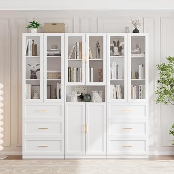 VOWNER Bookcase with Glass Doors & Drawers, 5 Tier Bookshelf with Adjustable Shelf, Modern Large Storage Display Cabinet Set for Home Office, Living Room, White BDB