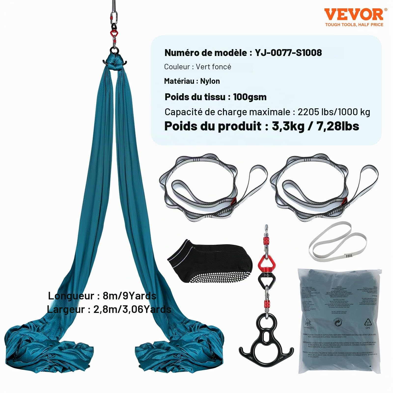 VEVOR Hamac de Yoga Aérien 8x2,8 m Kit Balançoire de Yoga Inversion Danse Aérienne en Nylon 100 g/m² Charge 1000 kg Vol Anti-gravité d'Air pour Fitness Musculation Pilates Gym Maison Studio Vert