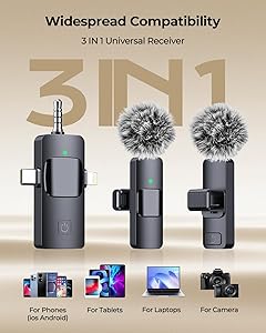 3-in-1 Microphone for iPhone, Android, iPad, Camera, Wireless Microphones, Mini Microphone, Lapel Mic with Noise Reduction, Crystal Clear Sound & 7H Battery for Recording, YouTube, Podcast, Vlogging