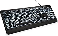 KOPJIPPOM Large Print White Backlit USB Wired Full Size Keyboard for PC Laptop Gaming - 4X Bigger Keys, Plug & Play, Low Vision Friendly