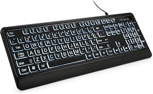 Teclado retroiluminado de impresión grande, teclado de computadora con cable USB, teclado de tamaño completo con LED iluminado blanco, compatible