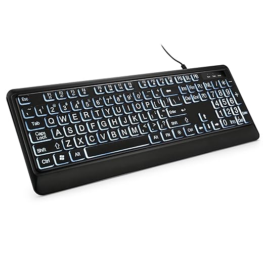 KOPJIPPOM Large Print Backlit Keyboard, USB Wired Computer Keyboard, Full Size Keyboard with White Illuminated LED Compatible for Windows Desktop, Laptop, PC, Gaming, Black