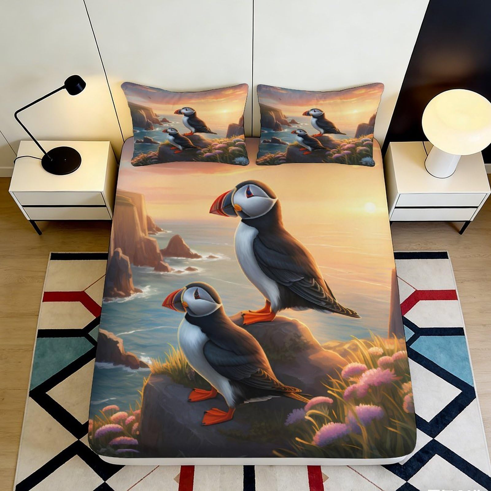 3D Printed Puffin Coast Fitted Sheet Microfiber Soft Art Sunset Cliff Mattress Cover for Bedroom Home Decor 90x200x25cm