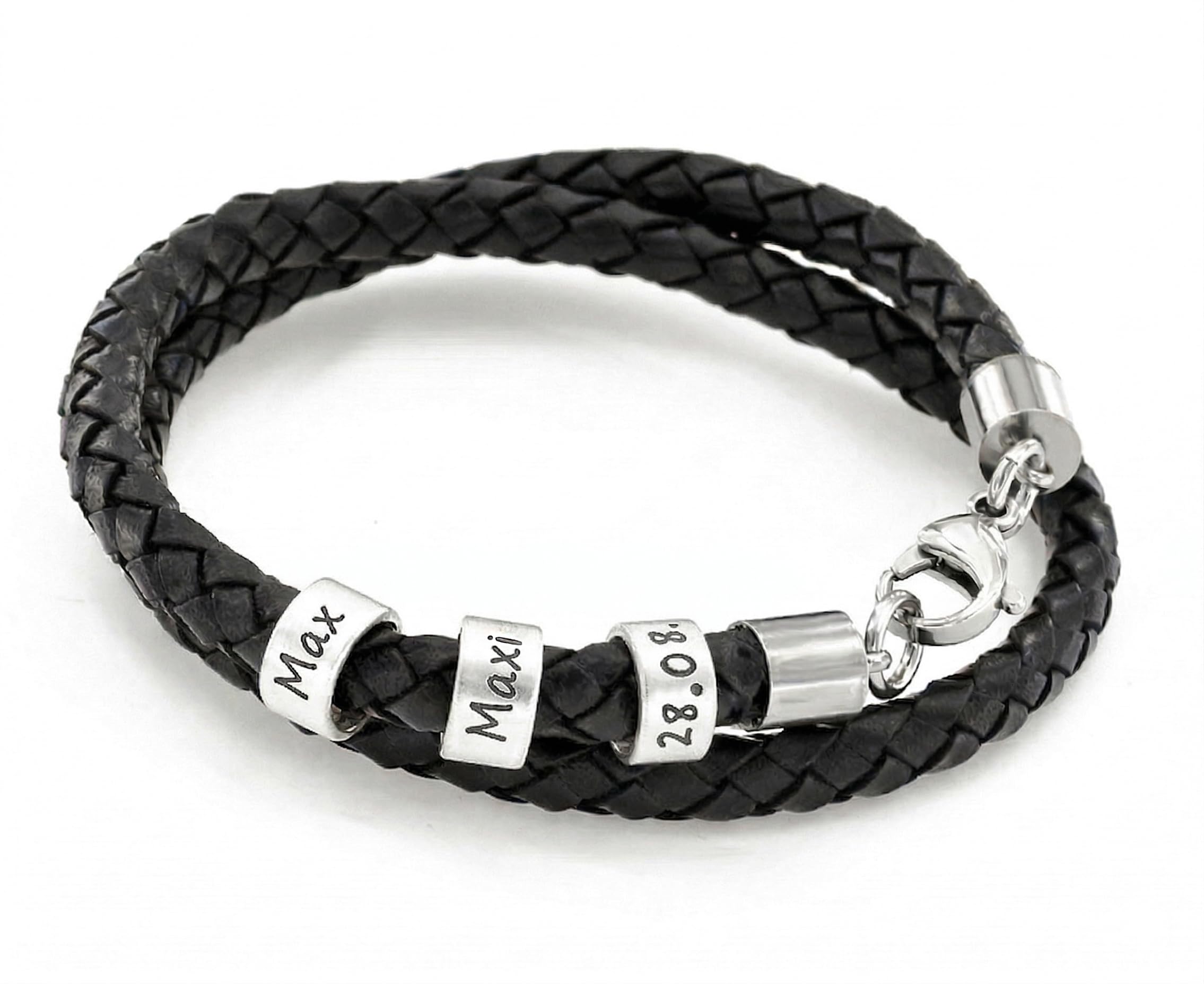 Personalisiertes Herren-Lederarmband mit Wunschgravur – Doppelt gewickeltes Echtleder in Schwarz, Braun oder Grau – Maßgefertigtes Armband mit Edelstahl-Beads & Namen – Handgefertigt in Deutschland