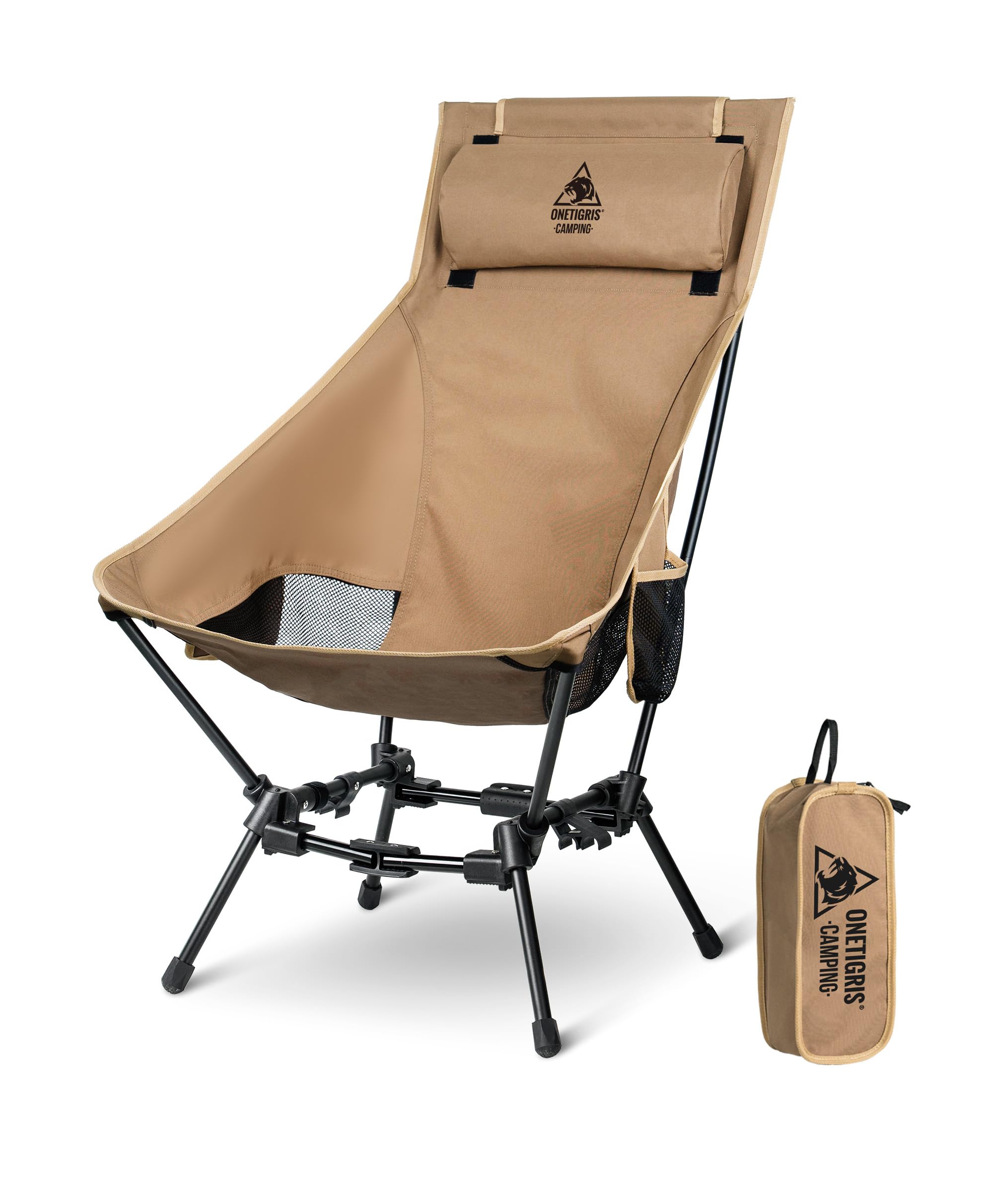 OneTigris DRAGONHIDE Campingstuhl Hochlehner faltbar 125 kg, Klappstuhl Camping leicht, Angelstuhl klappbar mit 2 Seitentaschen, Faltstuhl Ultraleicht für Outdoor, Wandern