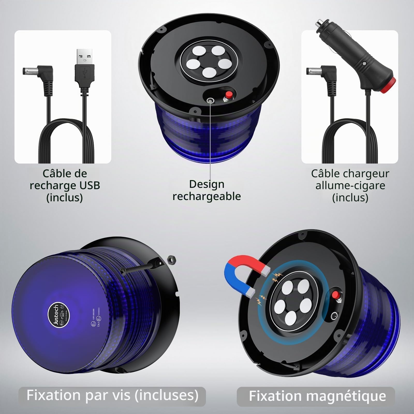 Justech Lumière Rotative 72LED Approuvée Stroboscopique E57, Lumière d’avertissement Sans Fil Bleue avec Télécommande, étanche IP65, 6 Modes de Vol pour Camion 12V / 24V, Remorque, Tracteur