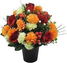 Artificial/Silk Flower Arrangement in Grave pot, 25cm in warm autumn shades with red roses and berries