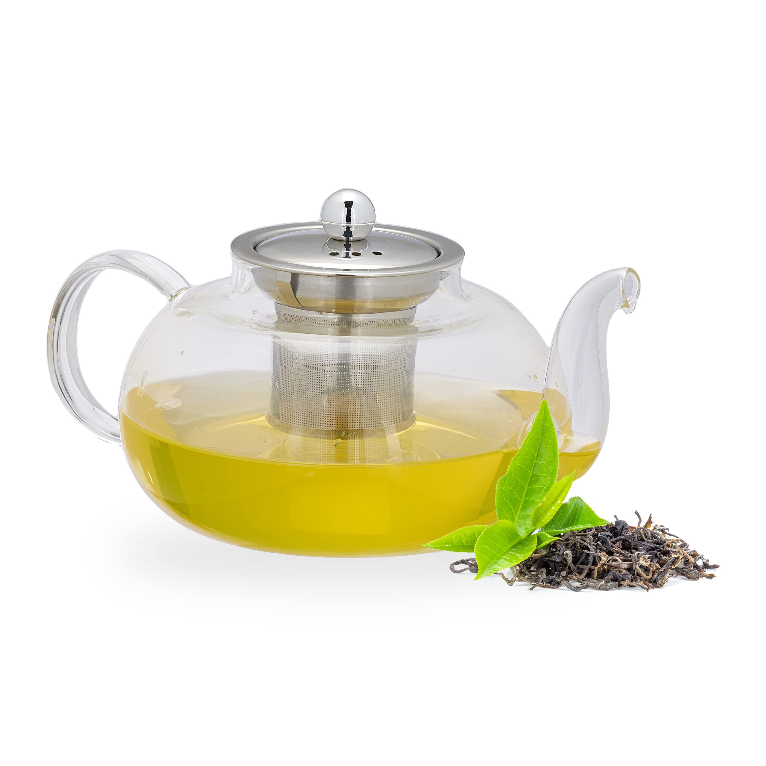 Relaxdays Théière avec Filtre, 1 L, Verre Borosilicate, Acier Inoxydable, Carafe pour thé Vrac, Transparent/argenté
