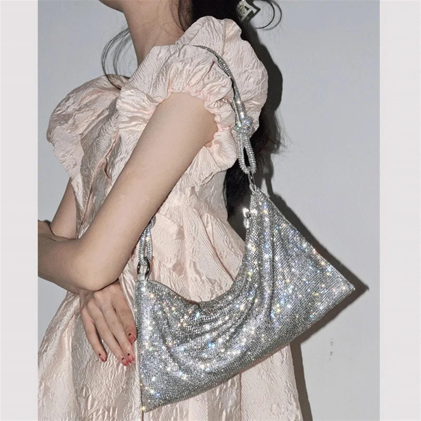 Cartera de Mano de Estrás Bolso de Hombro con asa y Diamantes de imitación Brillantes, Bolso de Mano de Noche, monederos y Bolso de Cristal(Silver-Black Big)