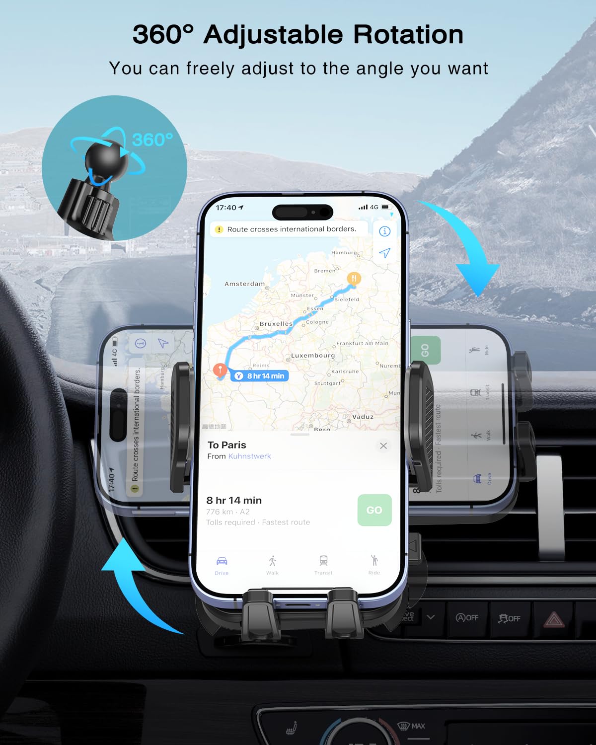 Hoppac Uchwyt samochodowy na telefon komórkowy z wentylacją, hak do uaktualnienia, obrót o 360°, odblokowanie za pomocą jednego przycisku, regulowane nóżki, uchwyt samochodowy na telefon komórkowy do