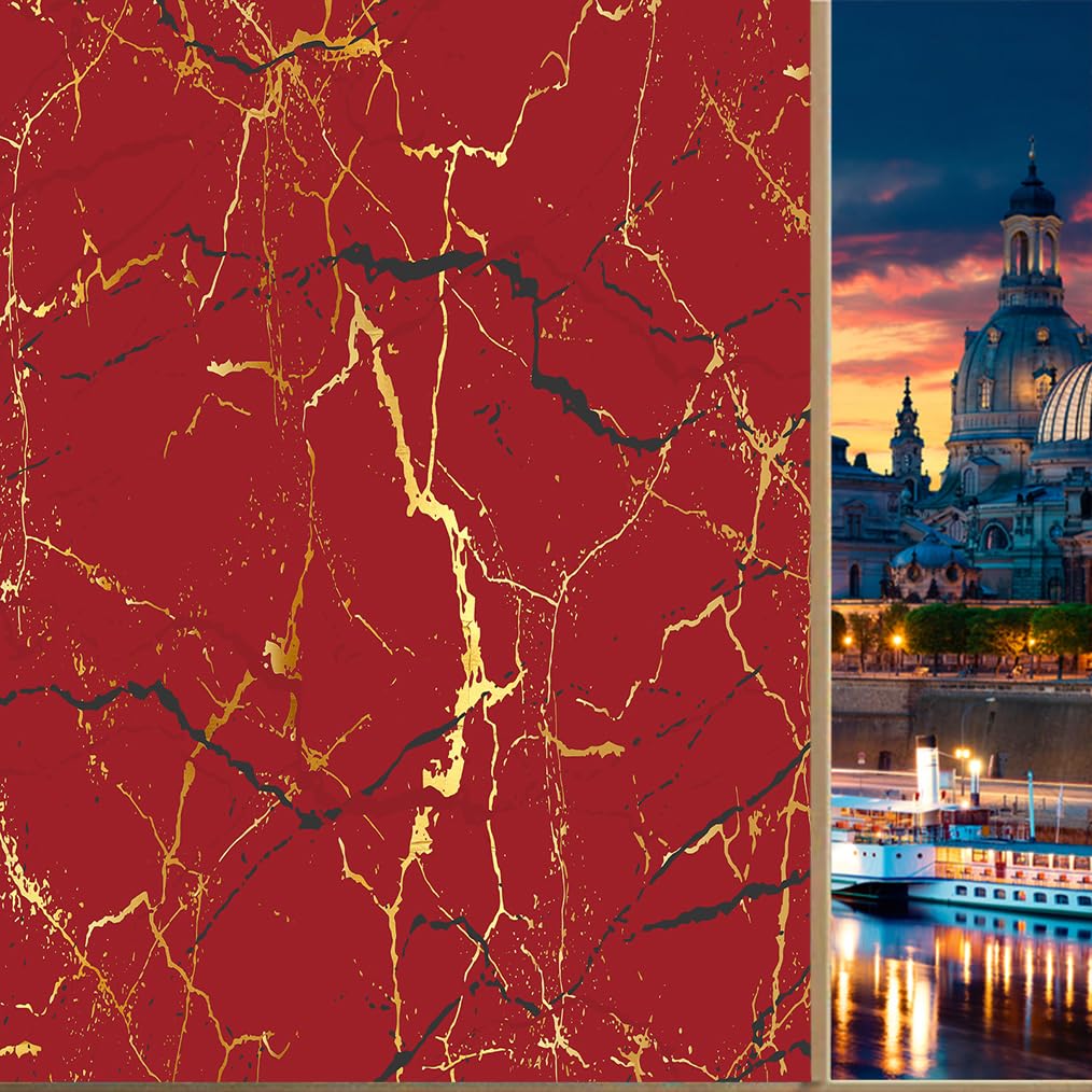 Coalho Abstract Modern Art Red Marble Privacy Blackout Window Film Rustic Luxury Red Golden Marble Reusable Self Adhesive Insulated Window Stickers-45W X60l Cm X1pcs