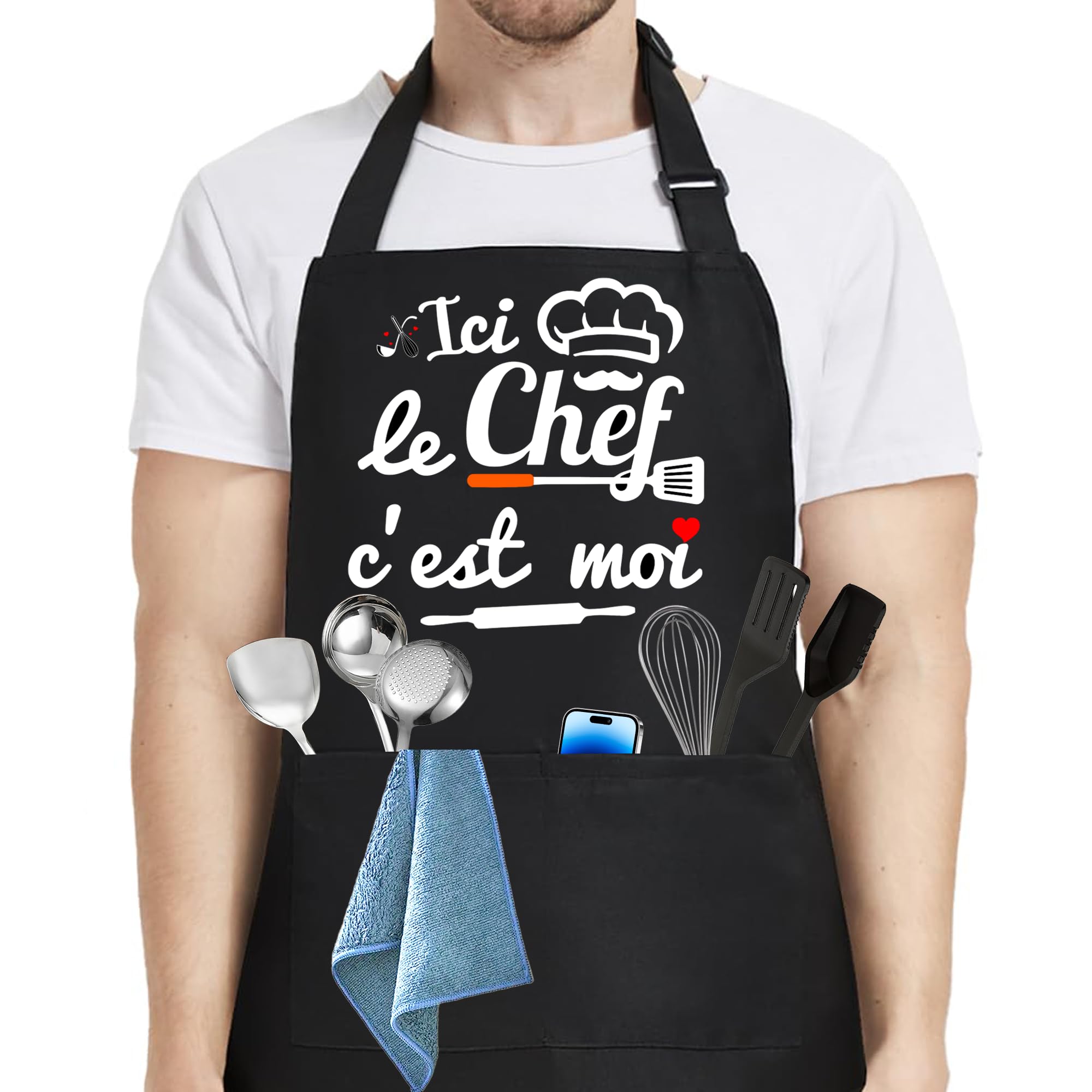 Tablier Cuisine Homme, Noir Personnalisé Imperméable Tablier de Cuisine Homme Humour, Réglable Tablier Barbecue Homme für Cadeau Fete Des Peres Saint Valentin Noel Papa