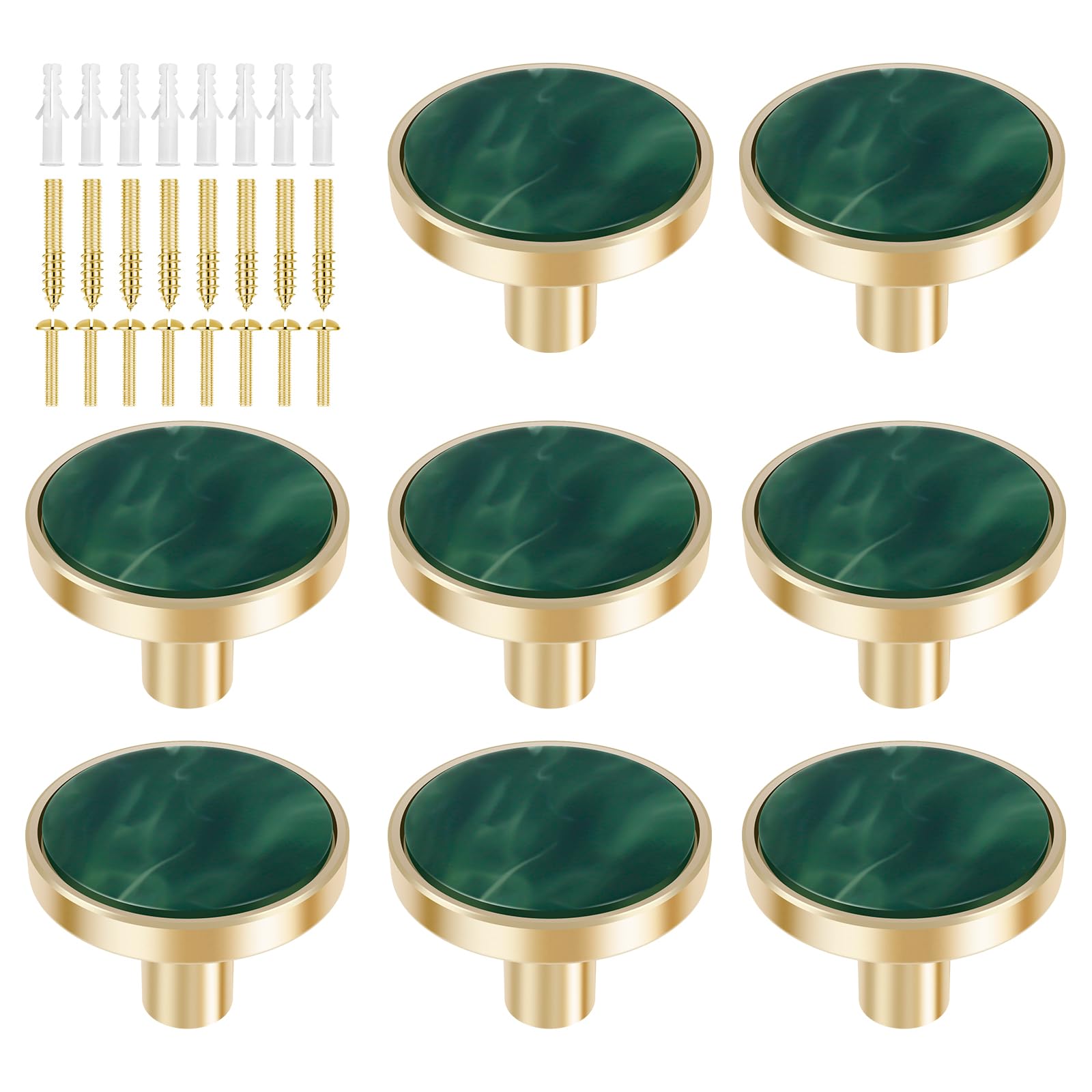 YUNYOUC 8Pcs Drawer Knob Set, Zinc Alloy Round Dresser Knob with Screws, Gold Single Hole Drawer Pull Handle, Decorative Exquisite Furniture Handle for Wardrobe, Cabinets, Doors (Green)