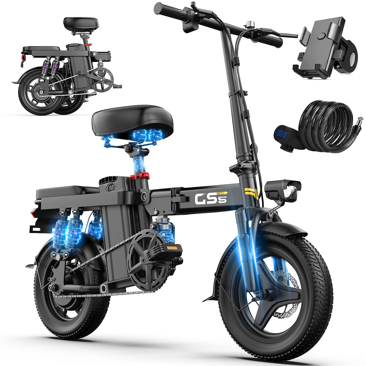 Heavy-Duty Foldable Electric Bike for Adults with 7-Shock Suspension, 500+ lbs Capacity, 740W Motor, 25MPH, 720Wh Battery, 20 Mile Range, 14“ Fat Tires Commuter Electric Bicycles for Road & Mountain