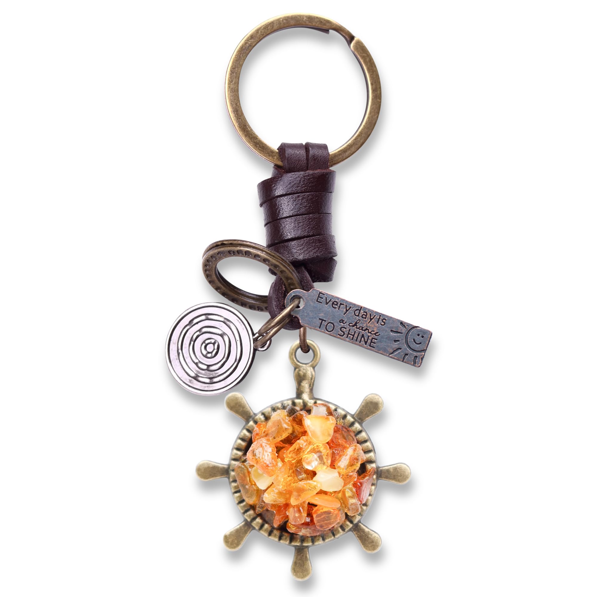 AuPra Amber Ship Wheel Keyring Gift for Women & Men | Handmade Leather Anchor Key Ring | Vintage Charm for Home, Car & Door Keys | Sailor Keychain Present for Her & Him