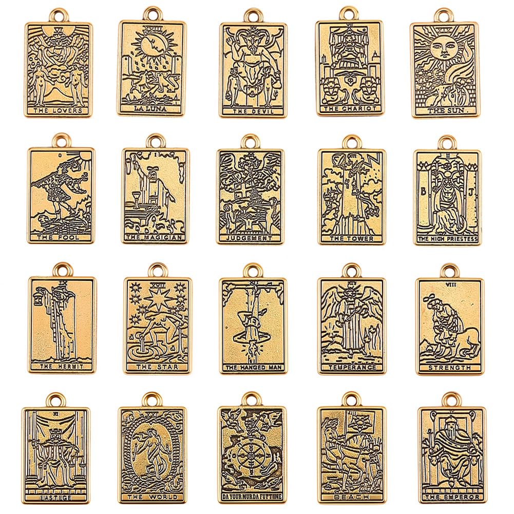 SUNNYCLUE 1 Box 40Pcs 20 Styles Tarot Card Charms Occult Charms Bulk Antique Gold Rectangle Metal Magic Divination Alloy Gothic Pendants for Jewellery Making Halloween Necklace Bracelet Earrings DIY