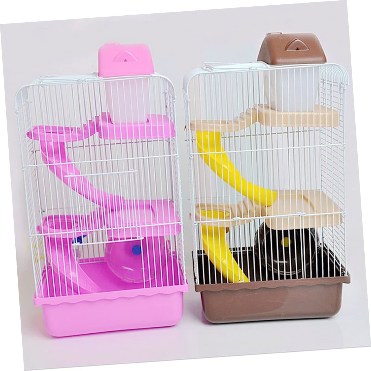 Dreistöckiger Hamsterkäfig Luxus Villa Käfig mit DREI Ebenen | Kaffeefarbene Ausführung, Pp und Eisendraht, 23x17x45cm, Laufrad und Auslaufsichere Trinkflasche