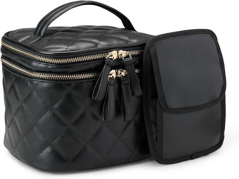 Necessaire de maquiagem Amazon Essentials em couro sintético matelassê preto com porta-pincéis